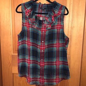NWT- JCREW Sleeveless ruffle-collar top in black Stewart tartan
